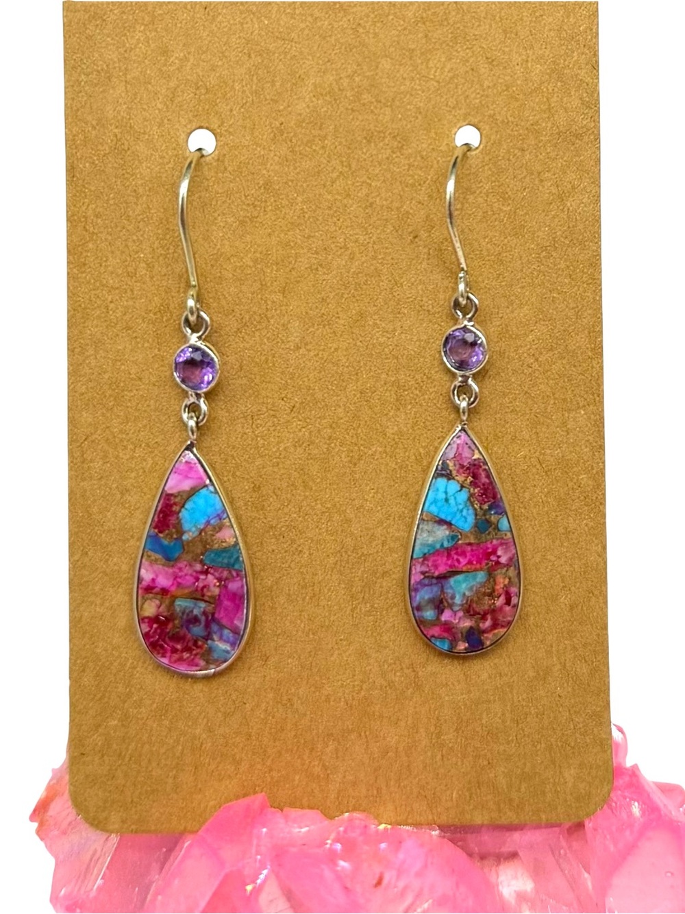 Kingman Pink Dahlia Amethyst Turquoise Earrings 925 Sterling Silver Plated